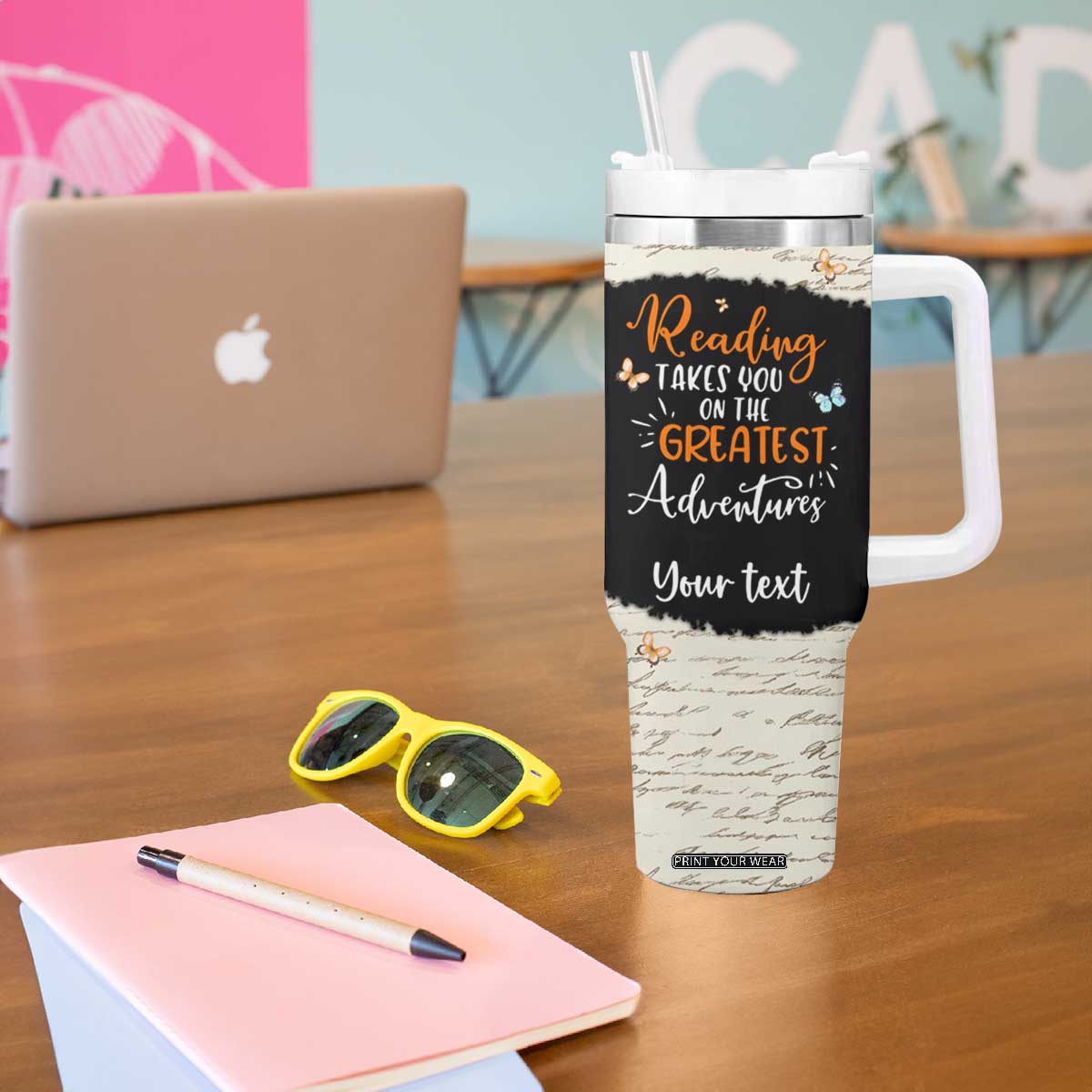 Personalized Reading Tumbler With Handle Quote Takes You On The Greatest Adventures Design TS04 Print Your Wear