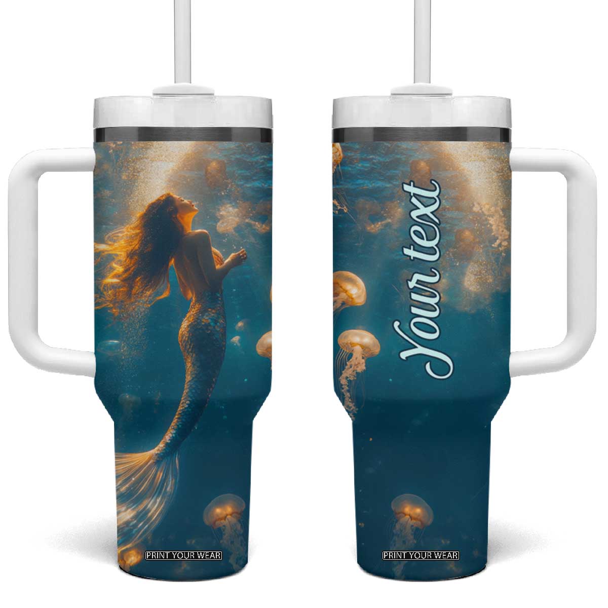 Personalized Retro Mermaid Tumbler With Handle with Vintage Design Elements TS04 One Size: 40 oz Multicolor Print Your Wear