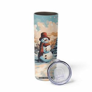 Personalized Retro Snowman Skinny Tumbler Classic Holiday Style with Winter Cabin and Snowy Scene TS04 Print Your Wear