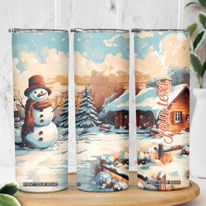 Personalized Retro Snowman Skinny Tumbler Classic Holiday Style with Winter Cabin and Snowy Scene TS04 Print Your Wear