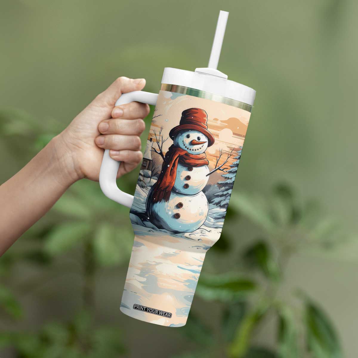 Personalized Retro Snowman Tumbler With Handle Classic Holiday Style with Winter Cabin and Snowy Scene TS04 Print Your Wear