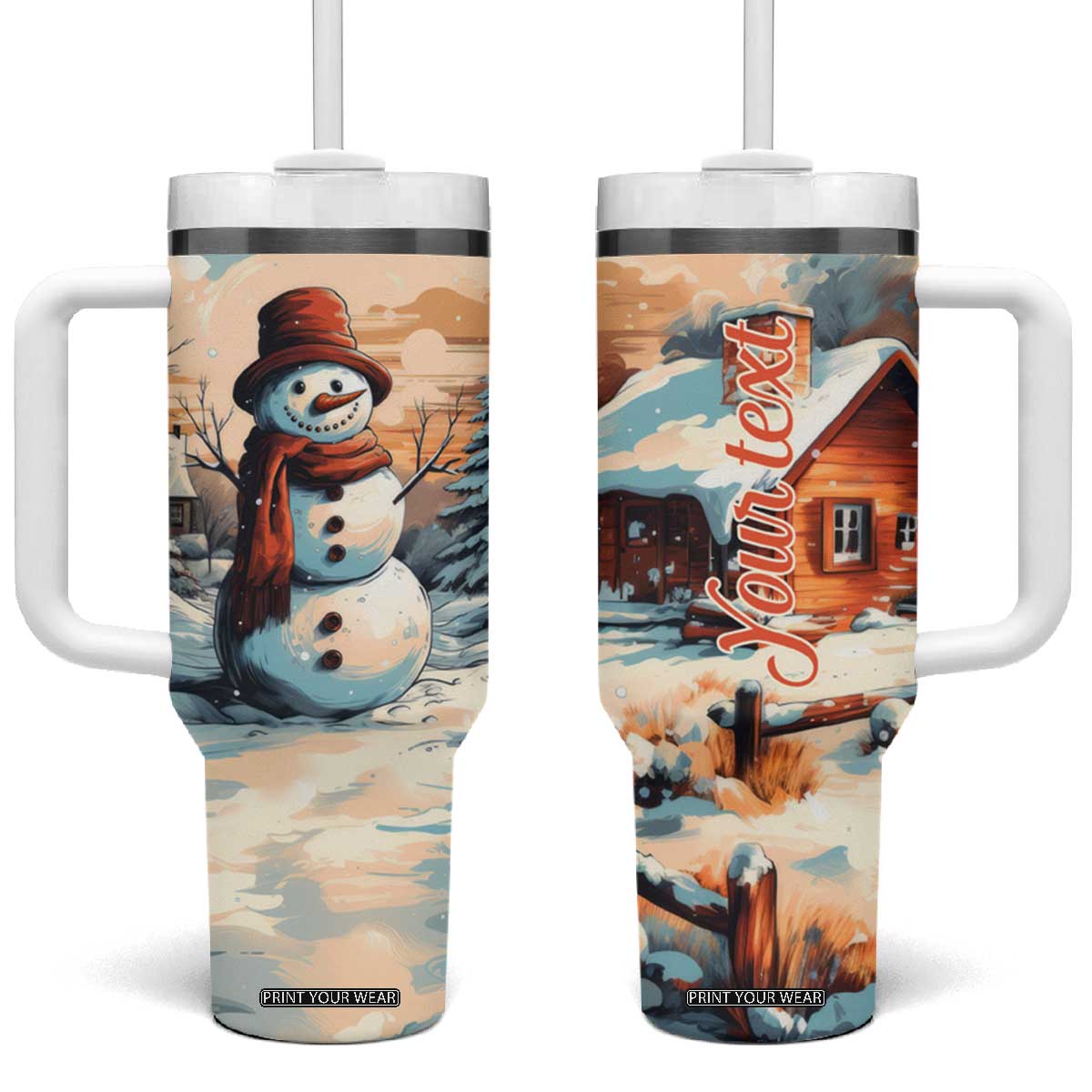 Personalized Retro Snowman Tumbler With Handle Classic Holiday Style with Winter Cabin and Snowy Scene TS04 One Size: 40 oz Multicolor Print Your Wear