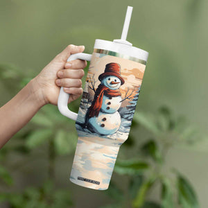 Personalized Retro Snowman Tumbler With Handle Classic Holiday Style with Winter Cabin and Snowy Scene TS04 Print Your Wear