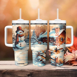Personalized Retro Snowman Tumbler With Handle Classic Holiday Style with Winter Cabin and Snowy Scene TS04 Print Your Wear