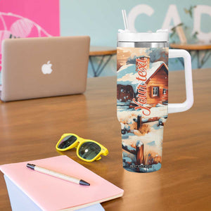 Personalized Retro Snowman Tumbler With Handle Classic Holiday Style with Winter Cabin and Snowy Scene TS04 Print Your Wear