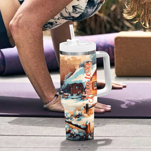 Personalized Retro Snowman Tumbler With Handle Classic Holiday Style with Winter Cabin and Snowy Scene TS04 Print Your Wear