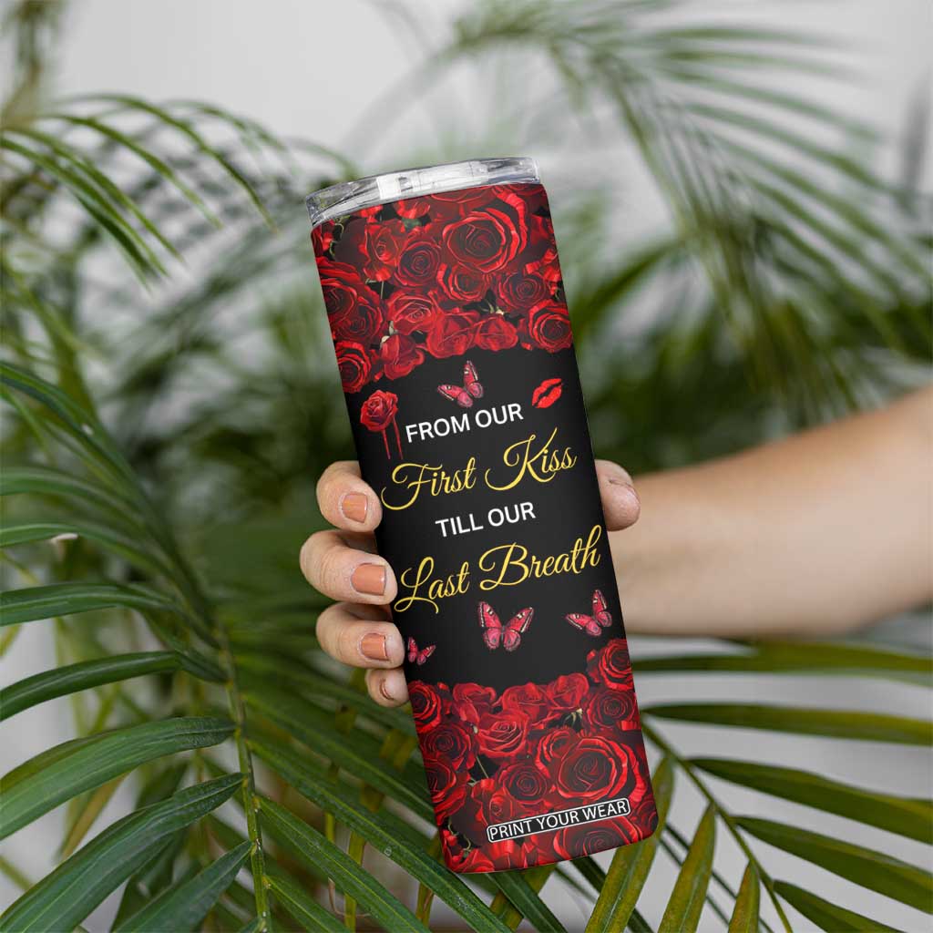 Personalized Skull Couple Skinny Tumbler with From Our First Kiss Till Our Last Breath Romantic Theme TS04 Print Your Wear