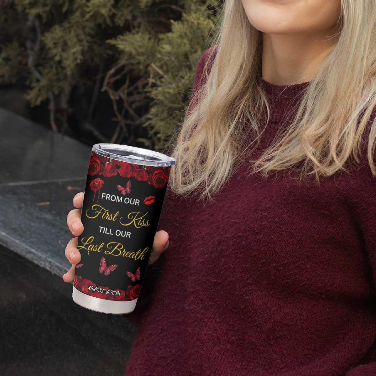 Personalized Skull Couple Tumbler Cup with From Our First Kiss Till Our Last Breath Romantic Theme TS04 Print Your Wear