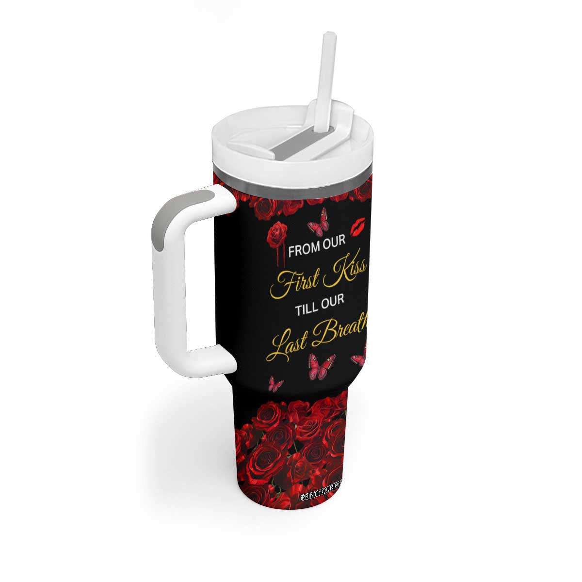 Personalized Skull Couple Tumbler With Handle with From Our First Kiss Till Our Last Breath Romantic Theme TS04 Print Your Wear