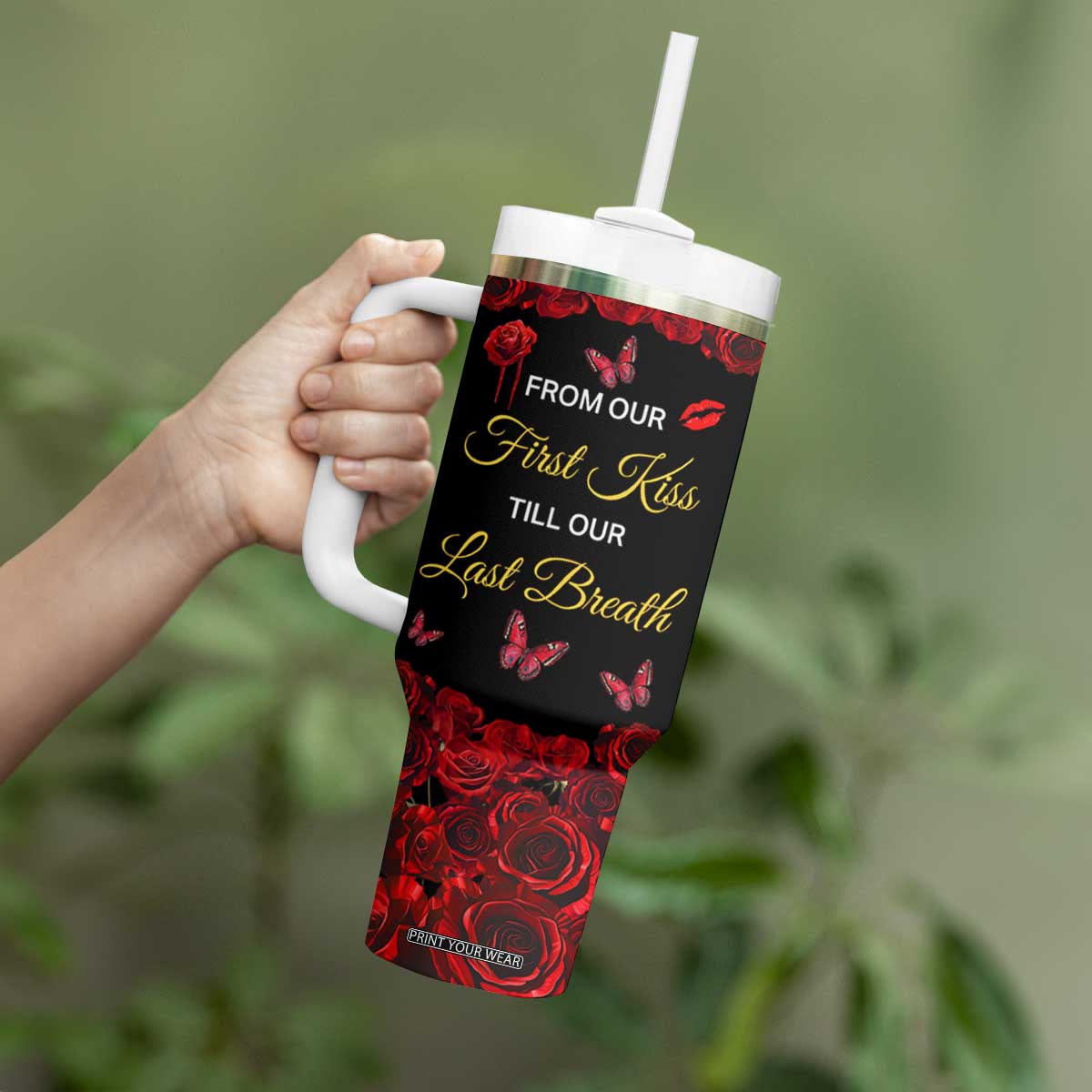 Personalized Skull Couple Tumbler With Handle with From Our First Kiss Till Our Last Breath Romantic Theme TS04 Print Your Wear