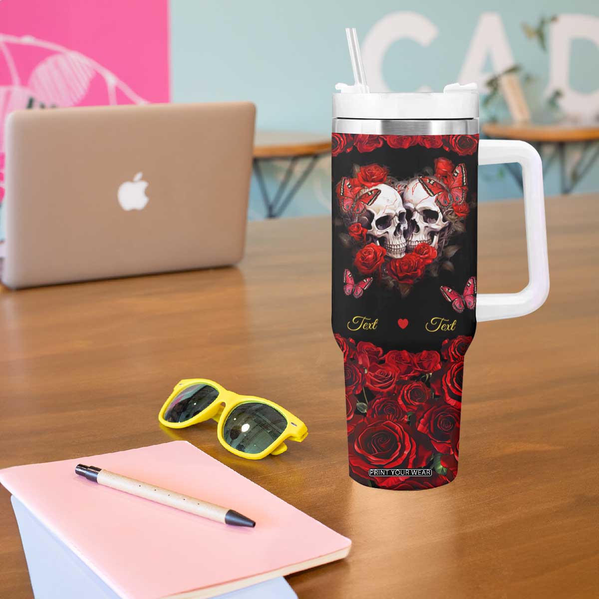 Personalized Skull Couple Tumbler With Handle with From Our First Kiss Till Our Last Breath Romantic Theme TS04 Print Your Wear