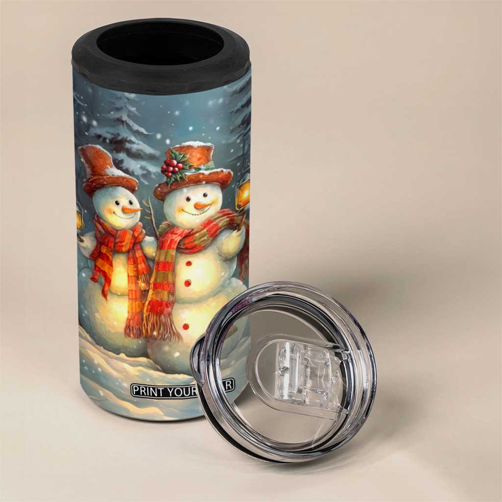 Personalized Snowman Couple 4 in 1 Can Cooler Tumbler Winter Love Illustration with Lanterns and Christmas Tree TS04 Print Your Wear