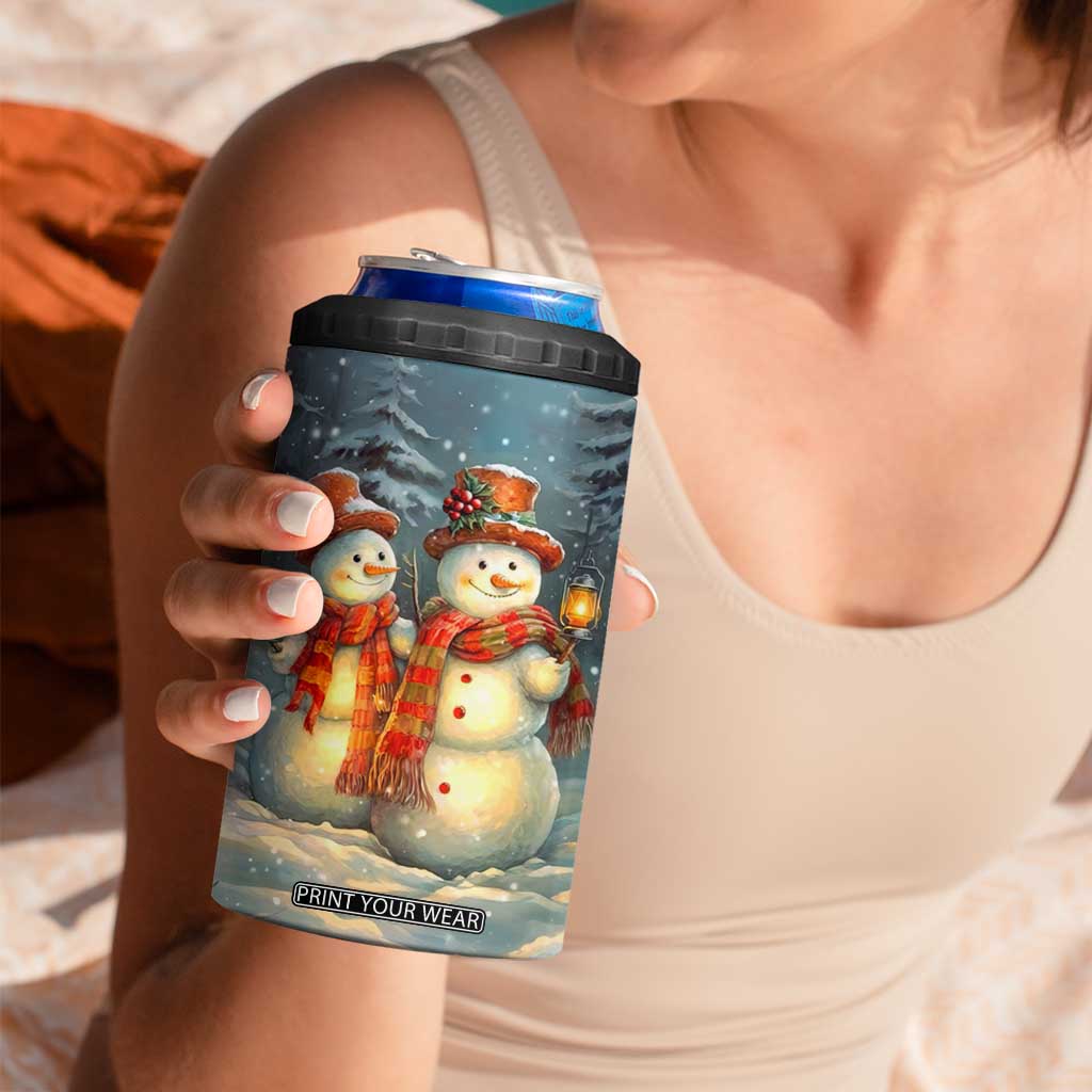 Personalized Snowman Couple 4 in 1 Can Cooler Tumbler Winter Love Illustration with Lanterns and Christmas Tree TS04 Print Your Wear