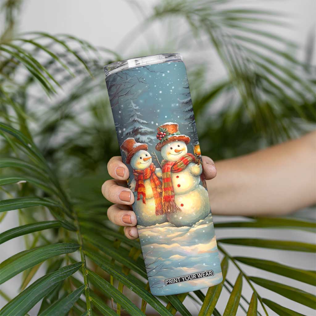 Personalized Snowman Couple Skinny Tumbler Winter Love Illustration with Lanterns and Christmas Tree TS04 Print Your Wear
