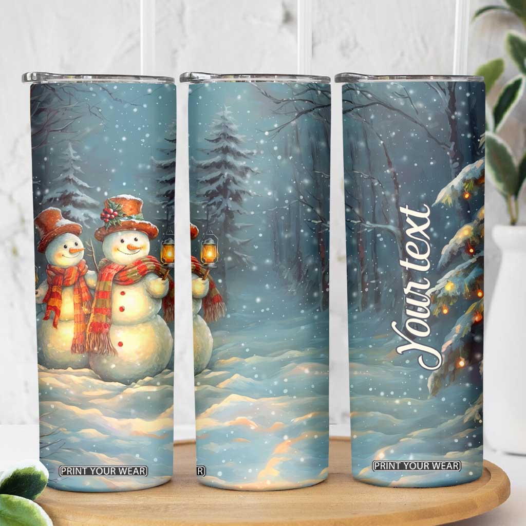 Personalized Snowman Couple Skinny Tumbler Winter Love Illustration with Lanterns and Christmas Tree TS04 Print Your Wear