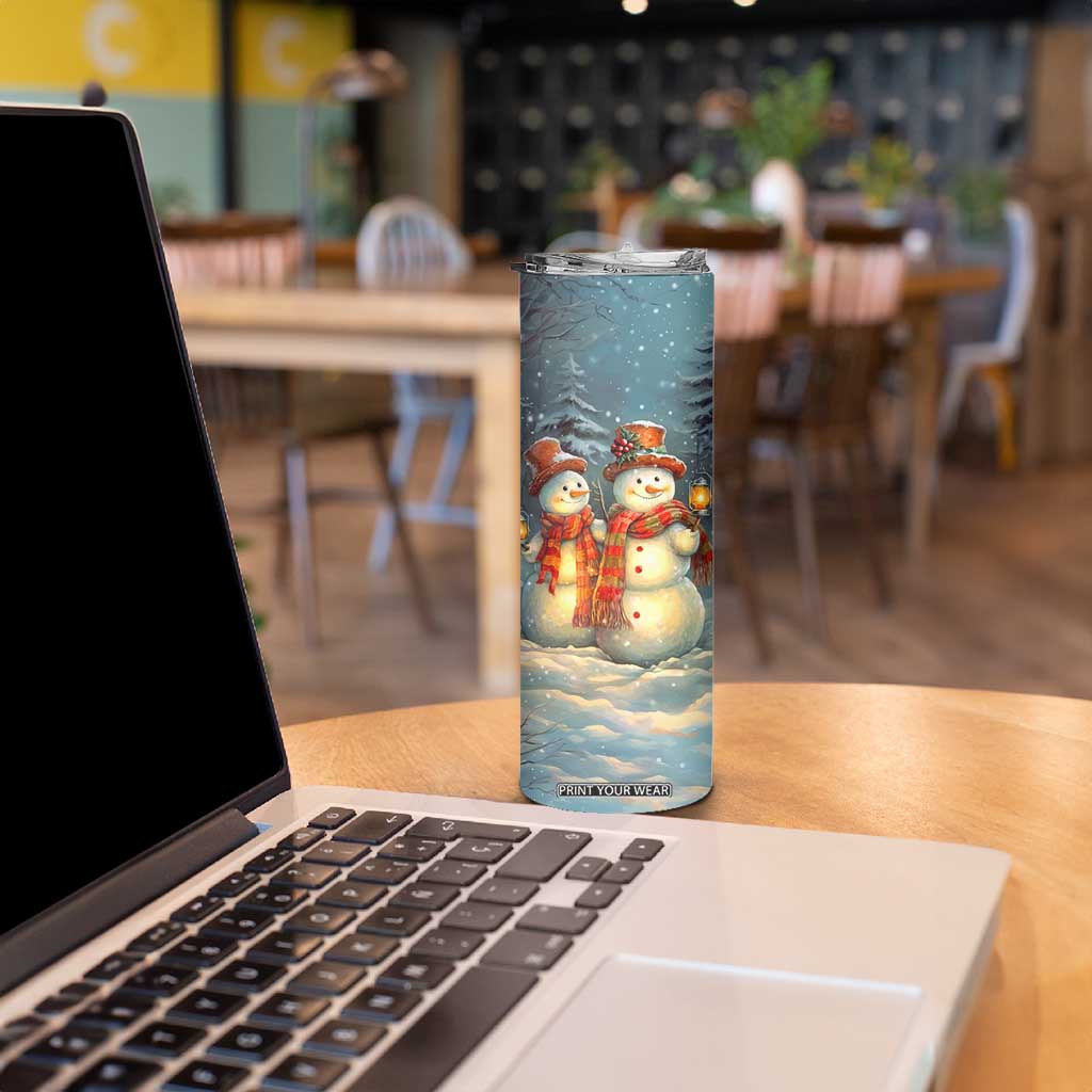 Personalized Snowman Couple Skinny Tumbler Winter Love Illustration with Lanterns and Christmas Tree TS04 Print Your Wear