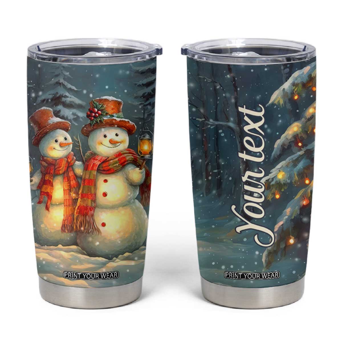 Personalized Snowman Couple Tumbler Cup Winter Love Illustration with Lanterns and Christmas Tree TS04 Multicolor Print Your Wear
