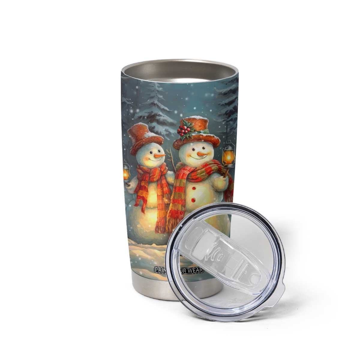 Personalized Snowman Couple Tumbler Cup Winter Love Illustration with Lanterns and Christmas Tree TS04 Print Your Wear
