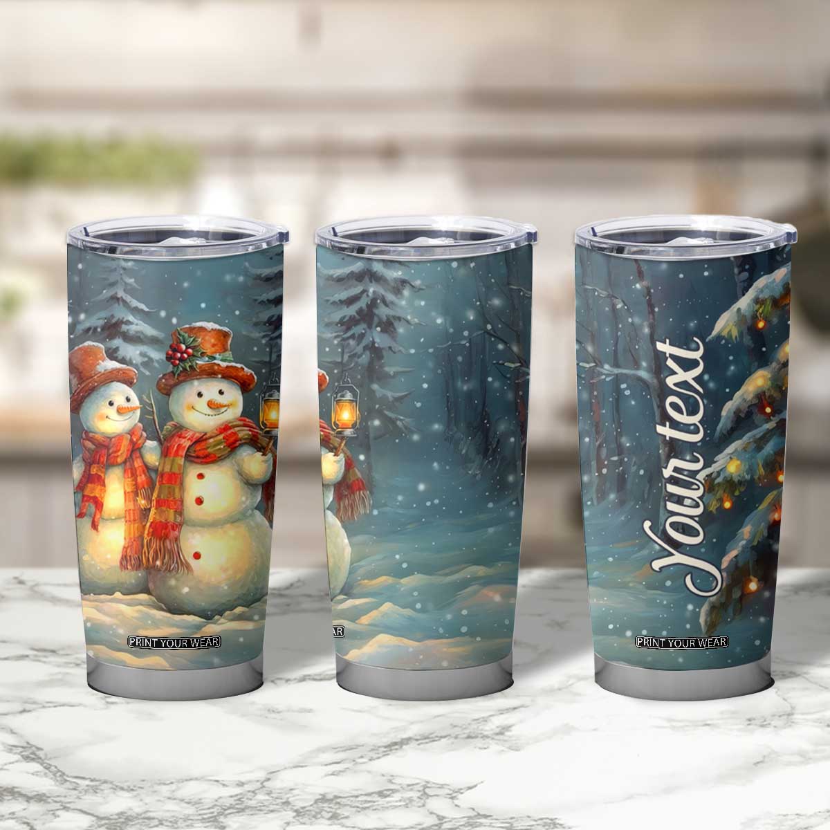 Personalized Snowman Couple Tumbler Cup Winter Love Illustration with Lanterns and Christmas Tree TS04 Print Your Wear