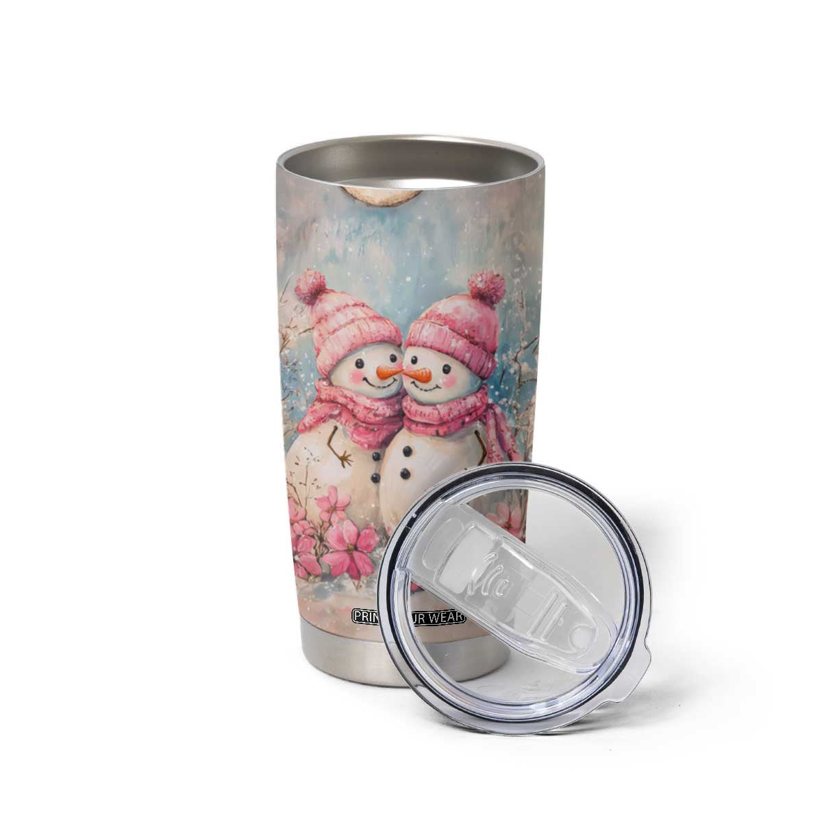 Personalized Snowman Couple Tumbler Cup with Floral Decorative Theme TS04 Print Your Wear