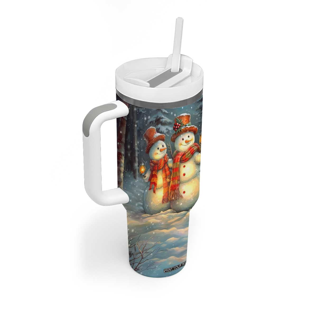 Personalized Snowman Couple Tumbler With Handle Winter Love Illustration with Lanterns and Christmas Tree TS04 Print Your Wear