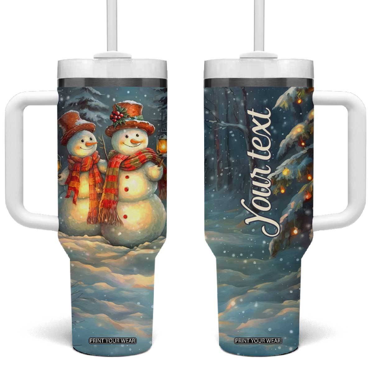 Personalized Snowman Couple Tumbler With Handle Winter Love Illustration with Lanterns and Christmas Tree TS04 One Size: 40 oz Multicolor Print Your Wear