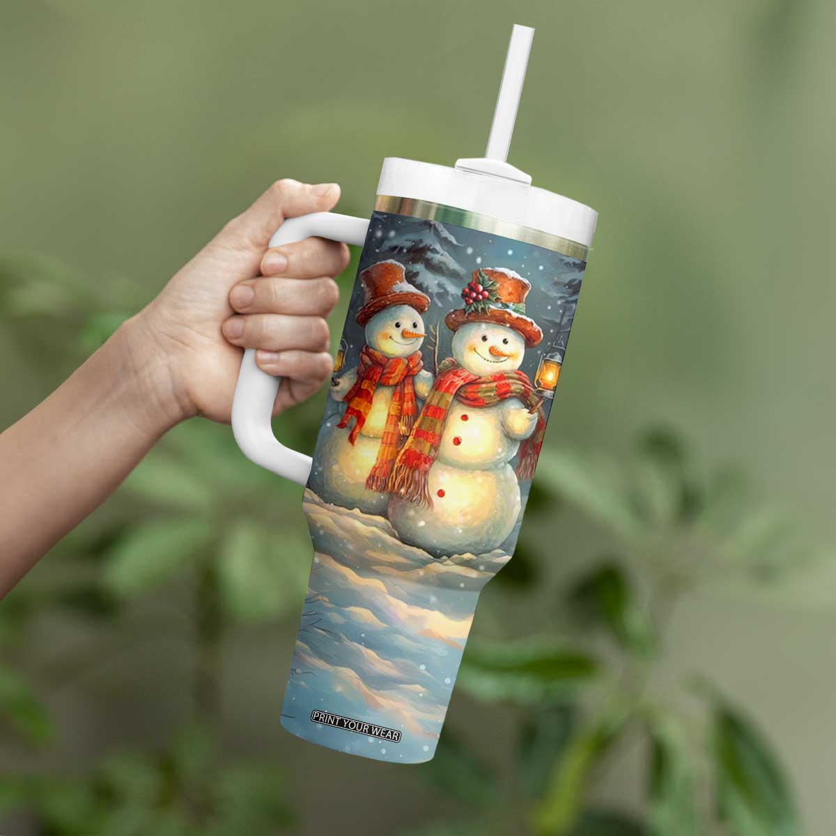 Personalized Snowman Couple Tumbler With Handle Winter Love Illustration with Lanterns and Christmas Tree TS04 Print Your Wear