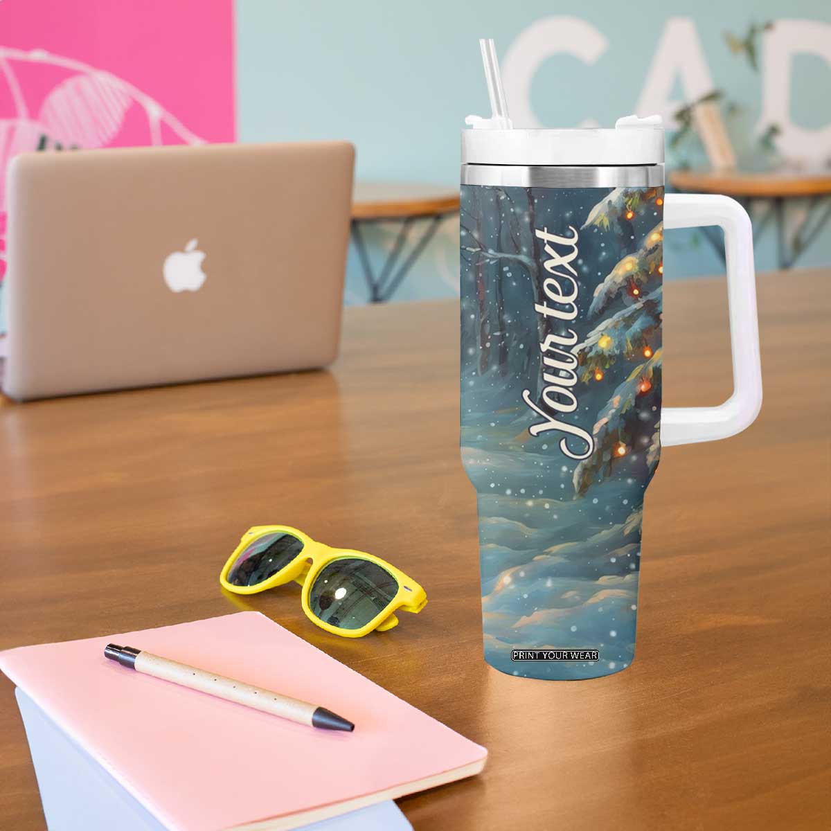 Personalized Snowman Couple Tumbler With Handle Winter Love Illustration with Lanterns and Christmas Tree TS04 Print Your Wear