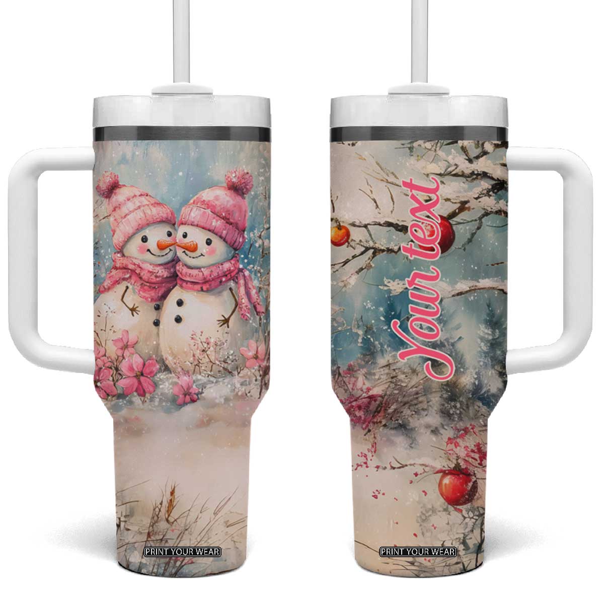 Personalized Snowman Couple Tumbler With Handle with Floral Decorative Theme TS04 One Size: 40 oz Multicolor Print Your Wear