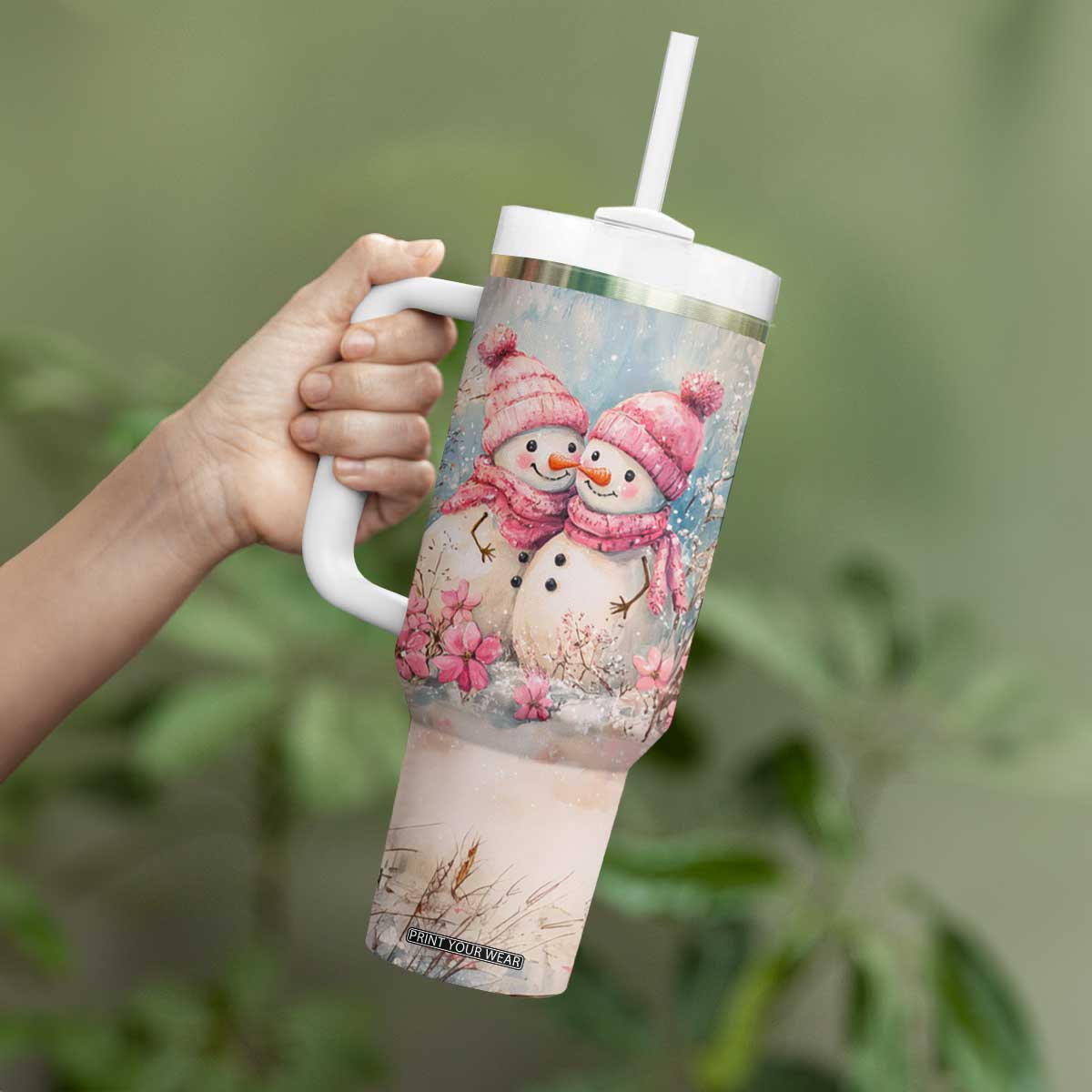 Personalized Snowman Couple Tumbler With Handle with Floral Decorative Theme TS04 Print Your Wear