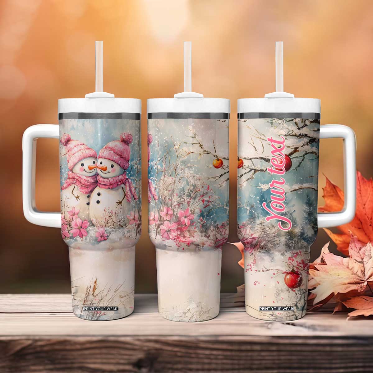 Personalized Snowman Couple Tumbler With Handle with Floral Decorative Theme TS04 Print Your Wear