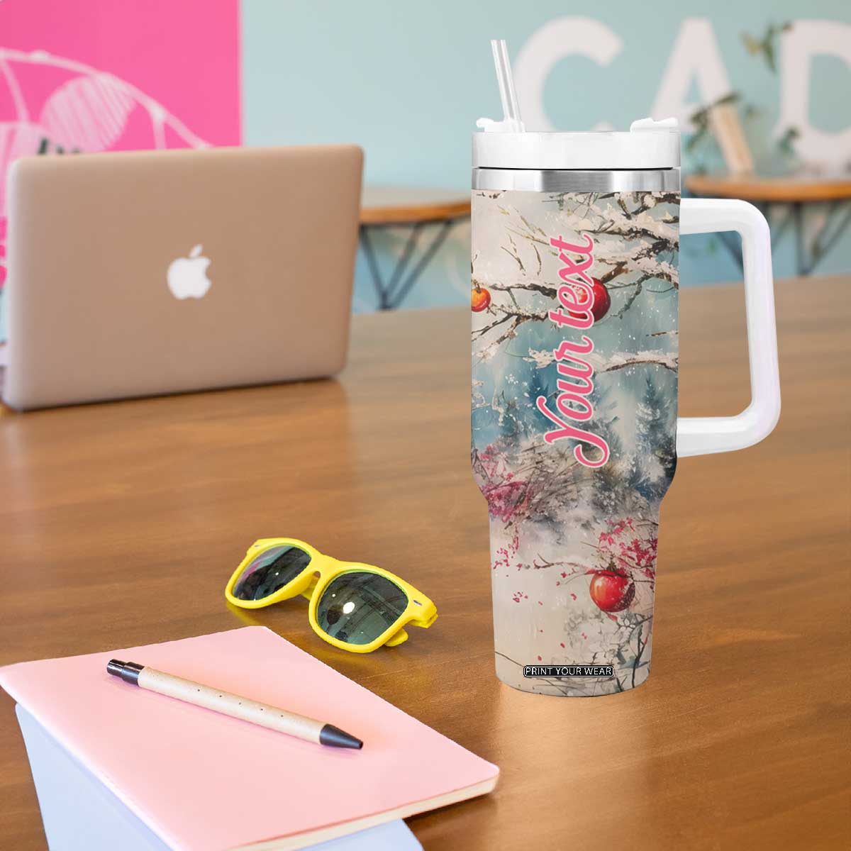 Personalized Snowman Couple Tumbler With Handle with Floral Decorative Theme TS04 Print Your Wear