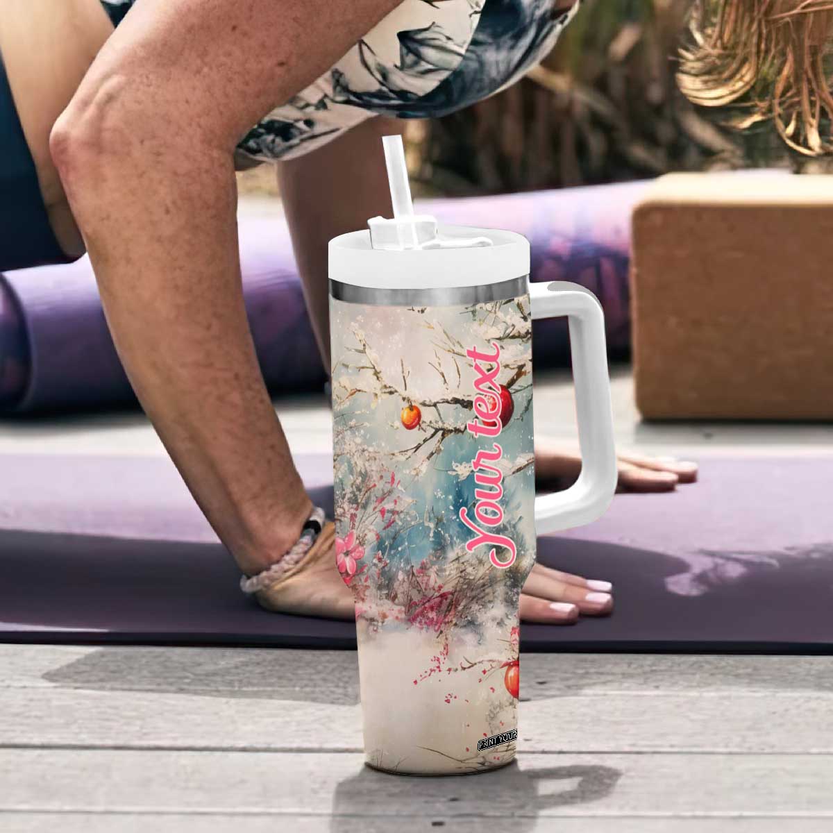 Personalized Snowman Couple Tumbler With Handle with Floral Decorative Theme TS04 Print Your Wear