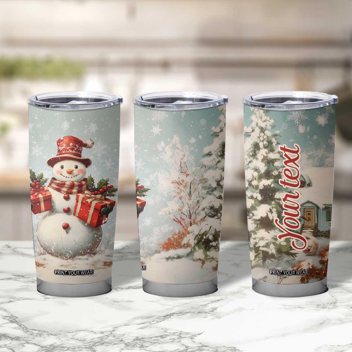 Personalized Snowman Tumbler Cup with Vintage Style Illustration TS04 Print Your Wear