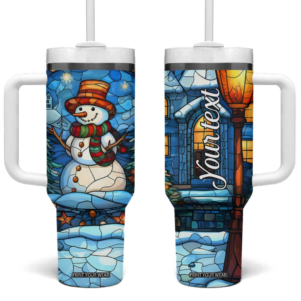 Personalized Snowman Tumbler With Handle with Stained Glass Style Design TS04 One Size: 40 oz Multicolor Print Your Wear