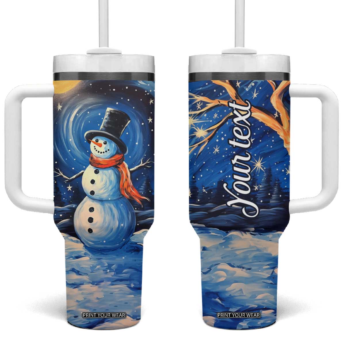 Personalized Snowman Tumbler With Handle with Starry Night Inspired Background TS04 One Size: 40 oz Multicolor Print Your Wear