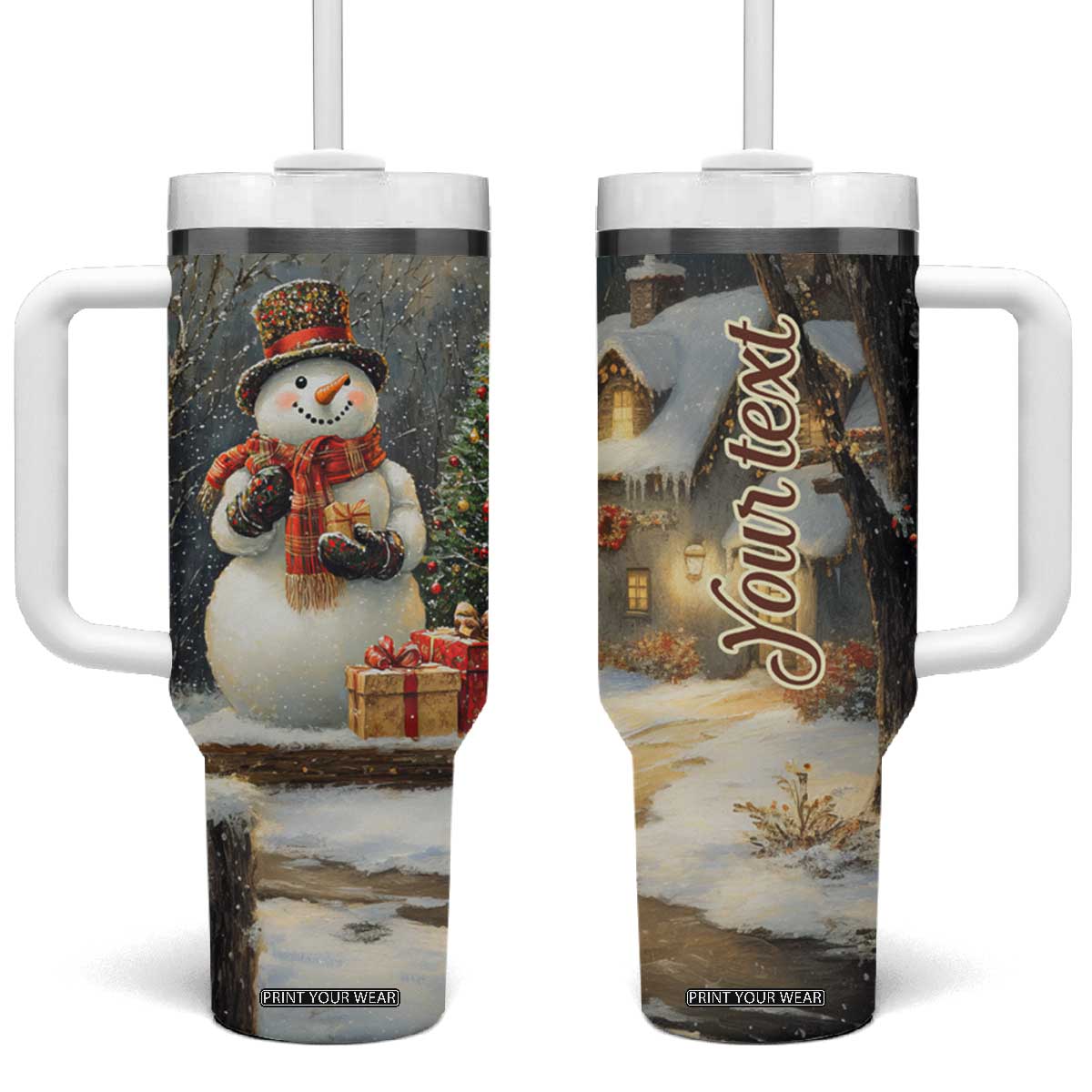 Personalized Snowman Tumbler With Handle with Vintage Christmas Theme TS04 One Size: 40 oz Multicolor Print Your Wear