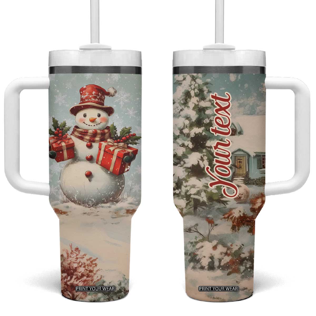 Personalized Snowman Tumbler With Handle with Vintage Style Illustration TS04 One Size: 40 oz Multicolor Print Your Wear