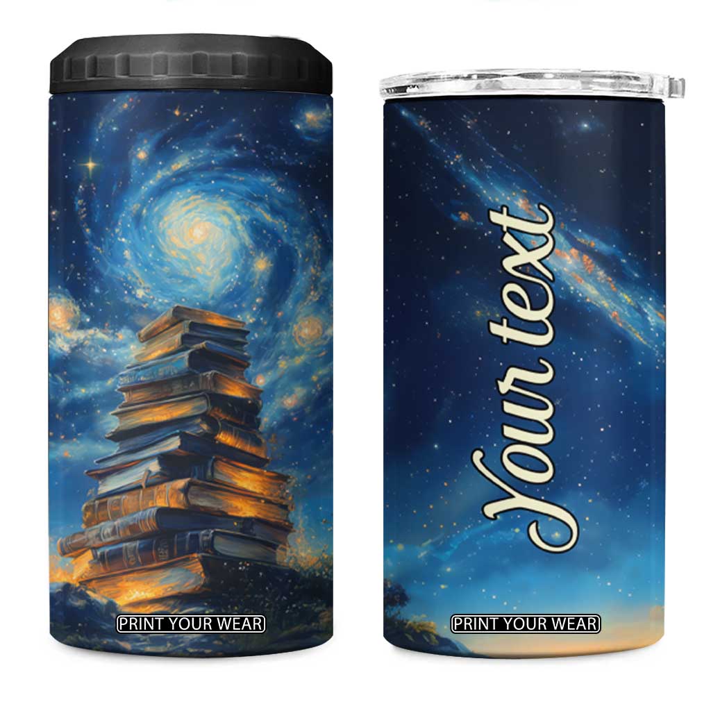 Personalized Stack of Glowing Books 4 in 1 Can Cooler Tumbler Under Starry Night Sky Fantasy Style TS04 One Size: 16 oz Multicolor Print Your Wear