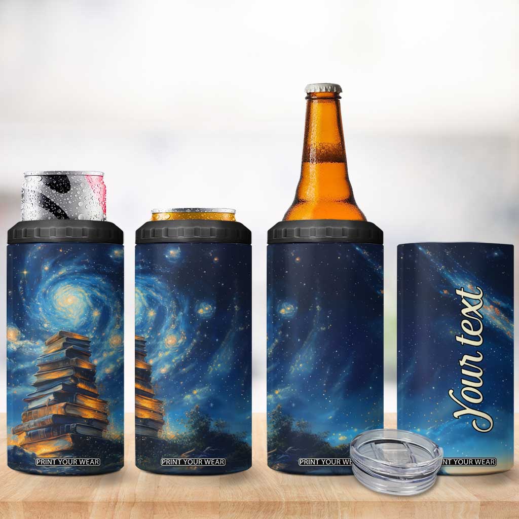 Personalized Stack of Glowing Books 4 in 1 Can Cooler Tumbler Under Starry Night Sky Fantasy Style TS04 Print Your Wear