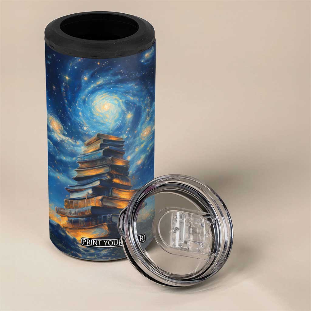 Personalized Stack of Glowing Books 4 in 1 Can Cooler Tumbler Under Starry Night Sky Fantasy Style TS04 Print Your Wear