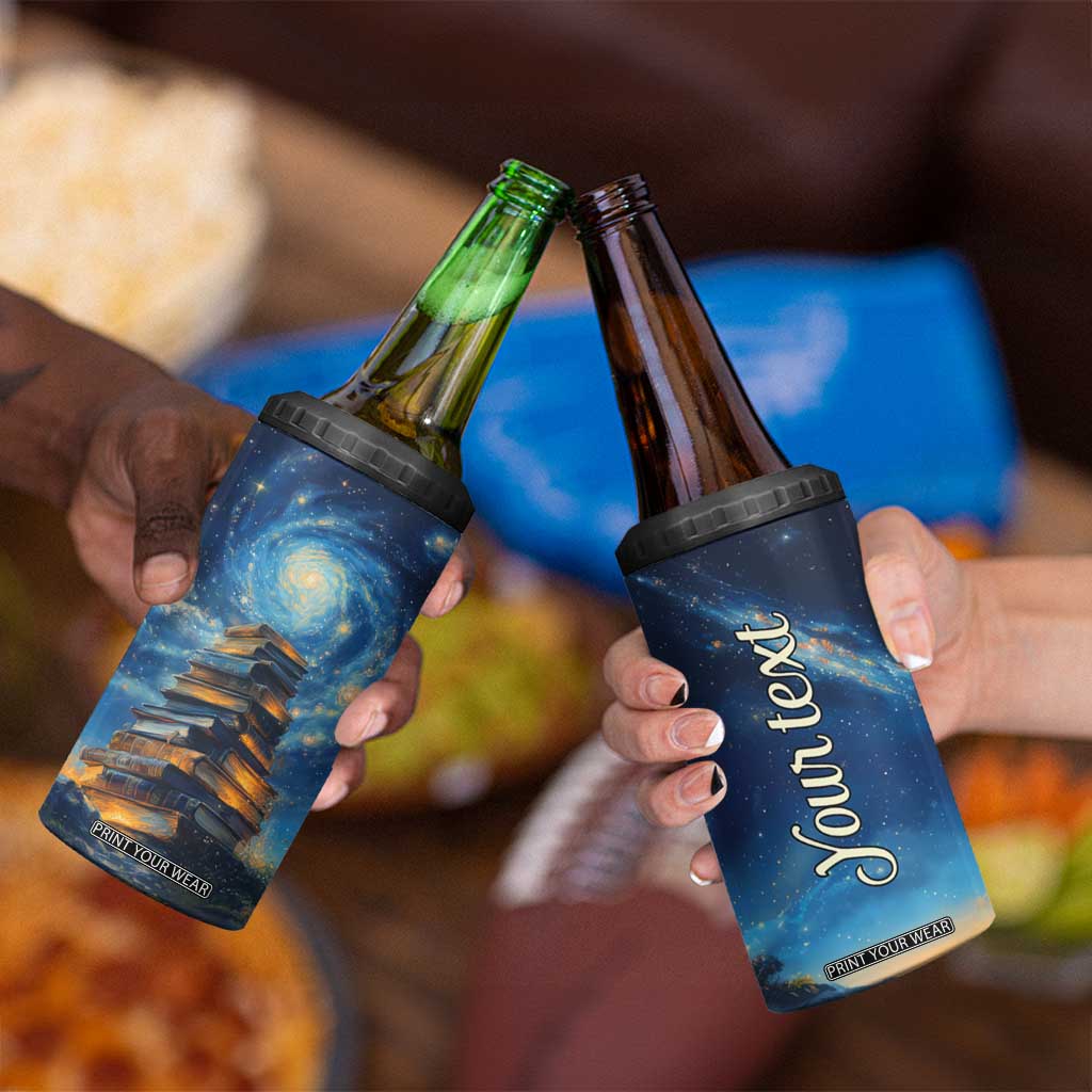 Personalized Stack of Glowing Books 4 in 1 Can Cooler Tumbler Under Starry Night Sky Fantasy Style TS04 Print Your Wear