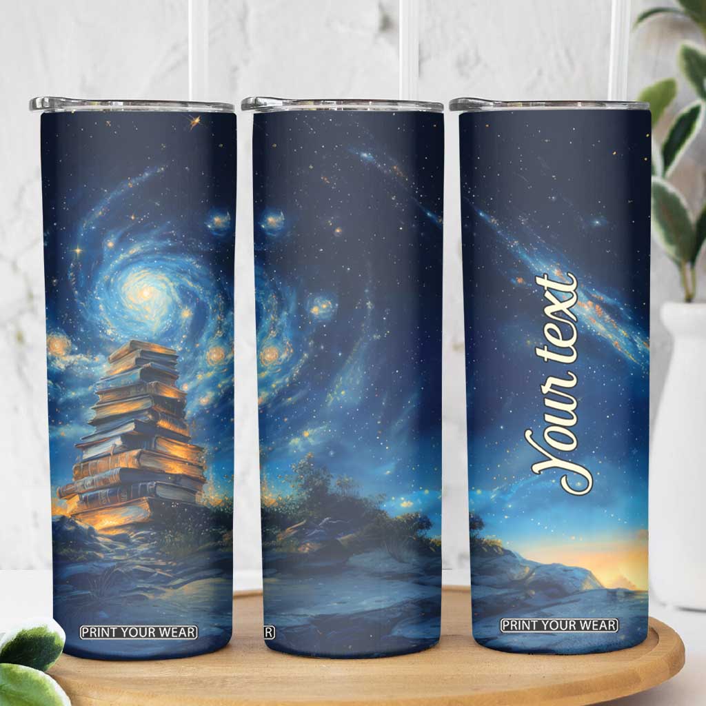 Personalized Stack of Glowing Books Skinny Tumbler Under Starry Night Sky Fantasy Style TS04 Print Your Wear