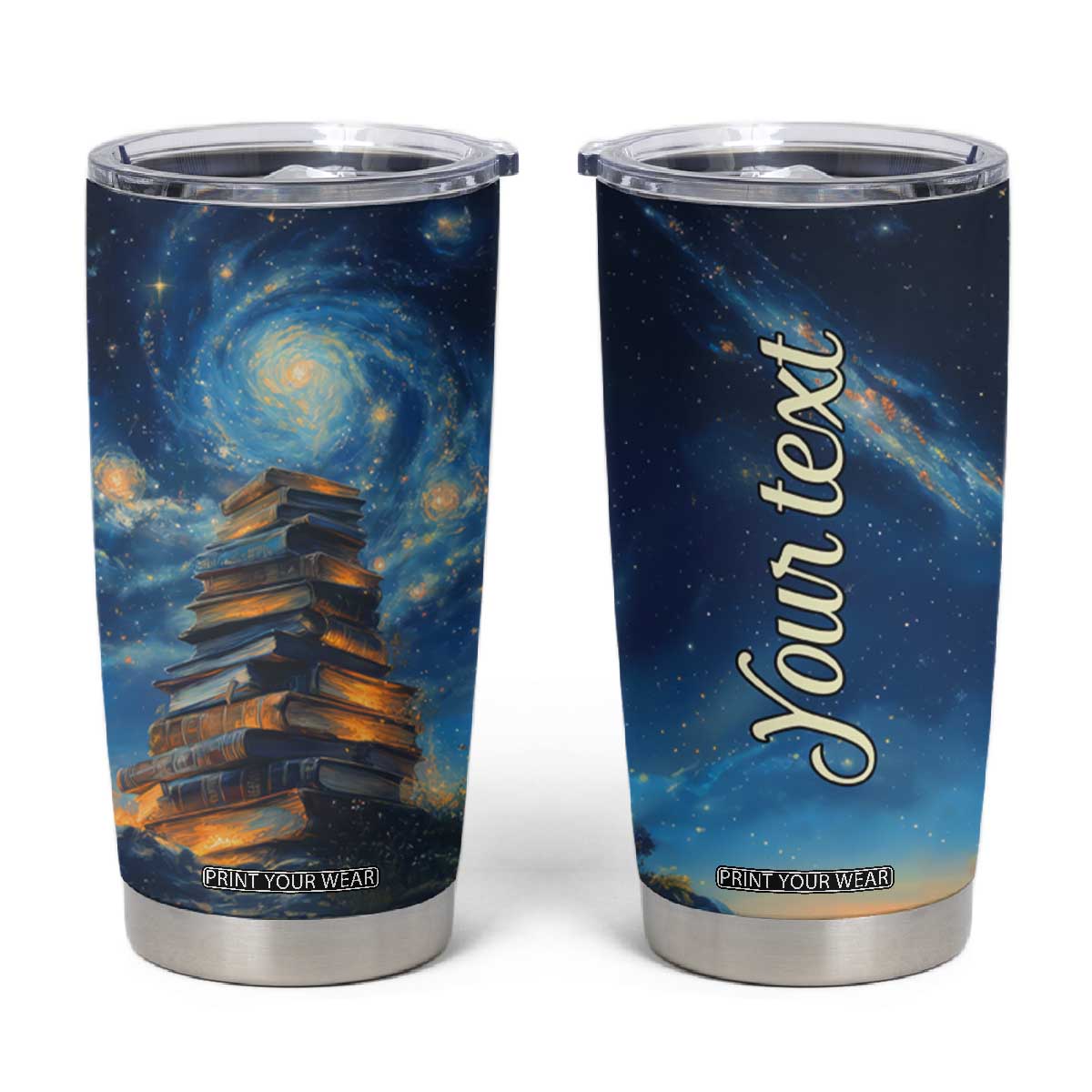 Personalized Stack of Glowing Books Tumbler Cup Under Starry Night Sky Fantasy Style TS04 Multicolor Print Your Wear
