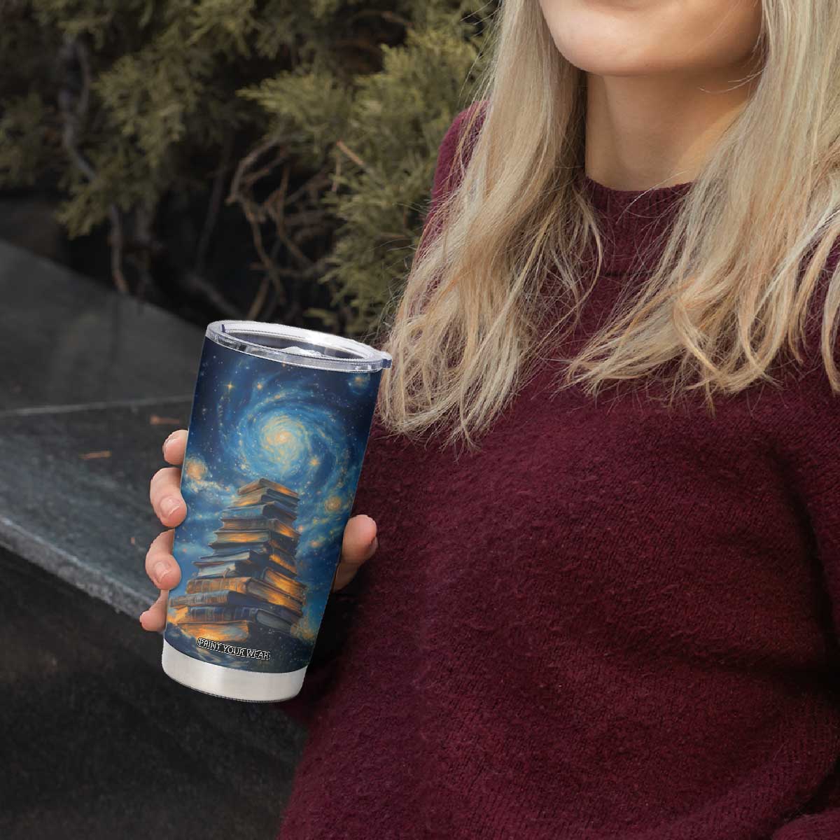 Personalized Stack of Glowing Books Tumbler Cup Under Starry Night Sky Fantasy Style TS04 Print Your Wear