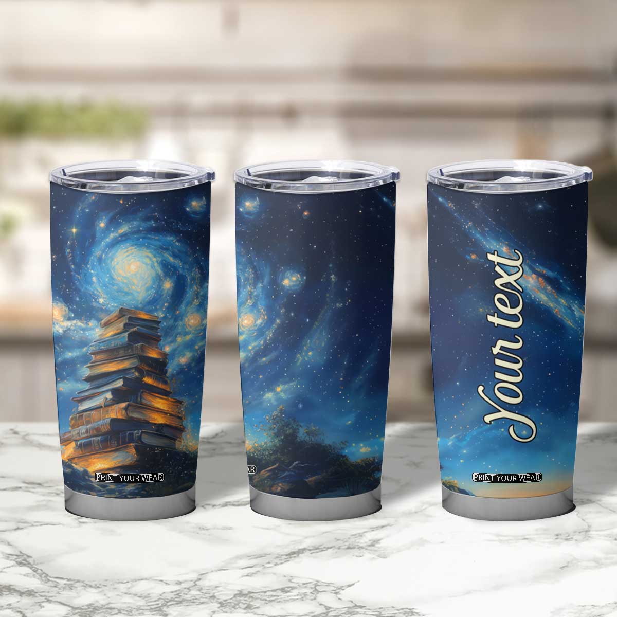 Personalized Stack of Glowing Books Tumbler Cup Under Starry Night Sky Fantasy Style TS04 Print Your Wear