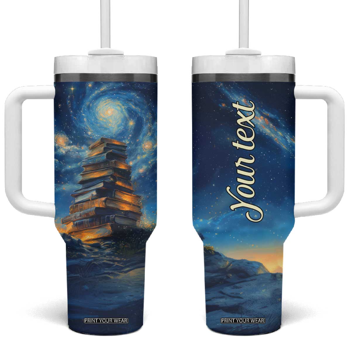 Personalized Stack of Glowing Books Tumbler With Handle Under Starry Night Sky Fantasy Style TS04 One Size: 40 oz Multicolor Print Your Wear