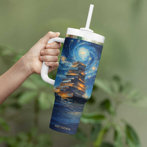 Personalized Stack of Glowing Books Tumbler With Handle Under Starry Night Sky Fantasy Style TS04 Print Your Wear