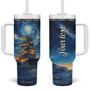 Personalized Stack of Glowing Books Tumbler With Handle Under Starry Night Sky Fantasy Style TS04 One Size: 40 oz Multicolor Print Your Wear
