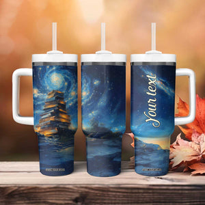 Personalized Stack of Glowing Books Tumbler With Handle Under Starry Night Sky Fantasy Style TS04 Print Your Wear